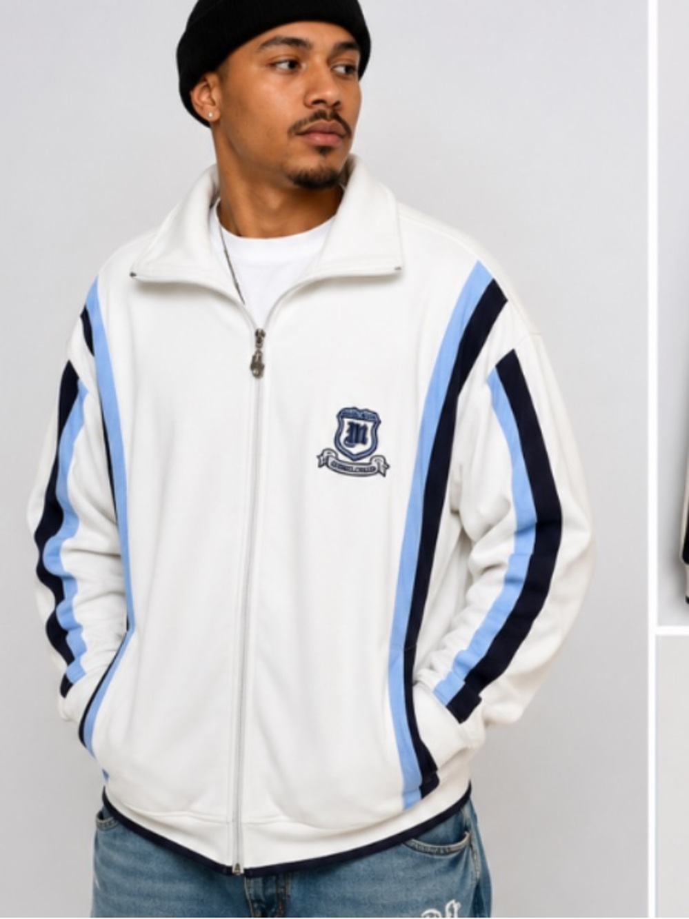 MECCA Jeans Velour Track Jacket Men’s L Y2K White & Blue Full Zip 2 front pocket